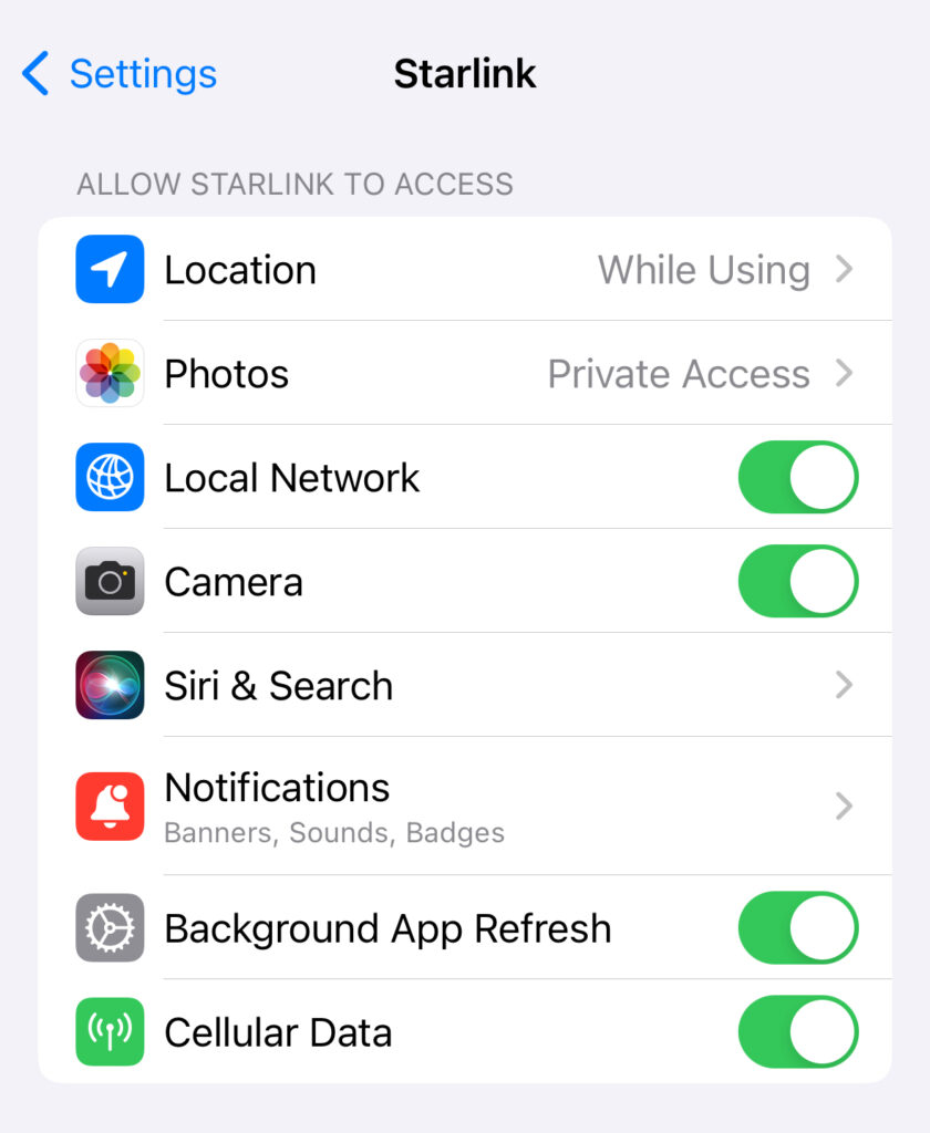 Starlink app settings on iOS